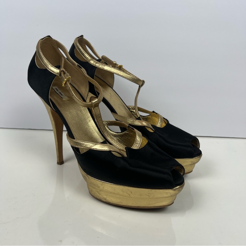 Miu Miu Leather Wedge Black and Gold Heels Women's Size 41